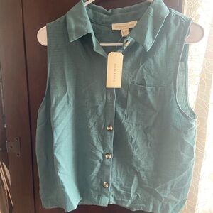 Monteau Teal Sleeveless Button Down Shirt